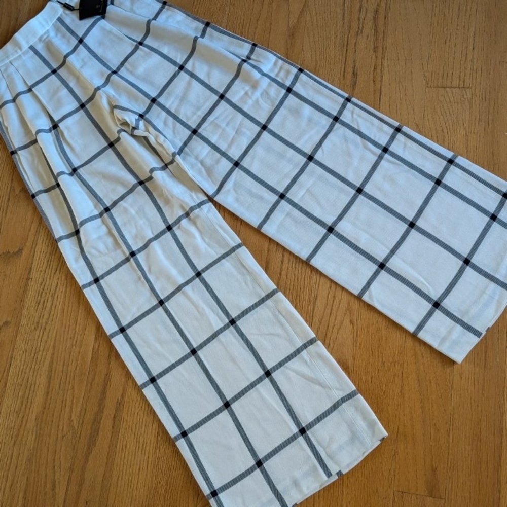 Massimo Dutti White and Black Checkered Wide Leg Pants